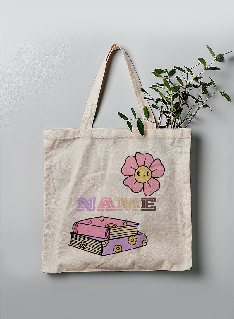 LOWHA Customizable Polyester Tote Bag with Shoulder Straps Personalized with School Student's Name and Books with a Flower Design Beige  - Image 3