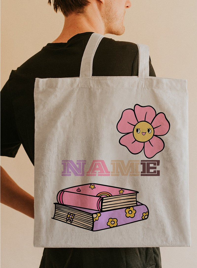 LOWHA Customizable Polyester Tote Bag with Shoulder Straps Personalized with School Student's Name and Books with a Flower Design Beige  - Image 5