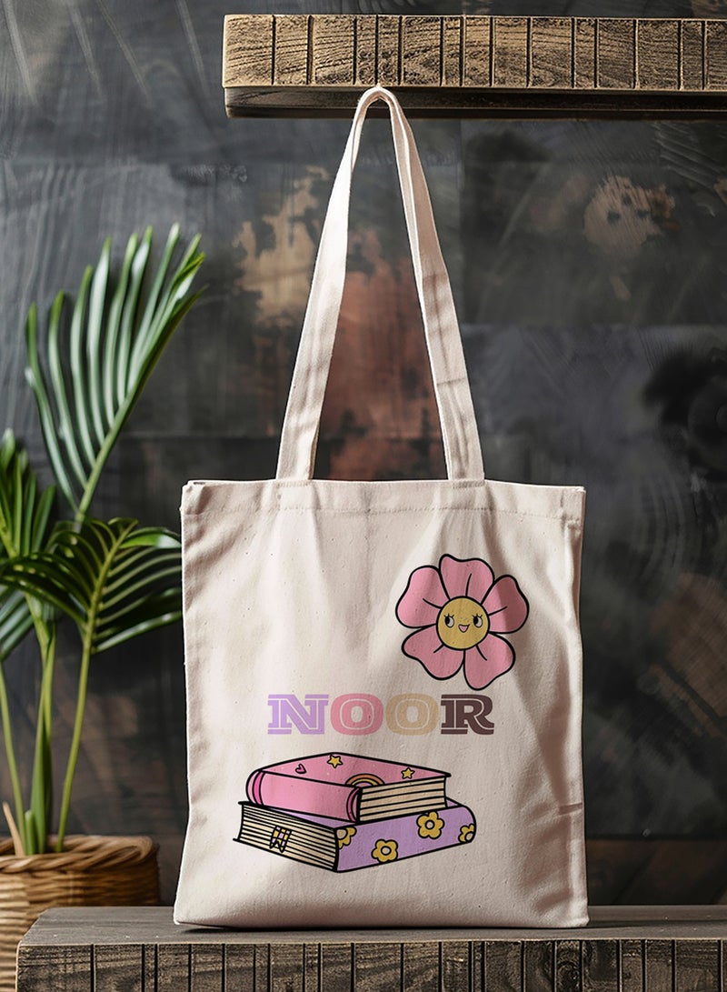 LOWHA Customizable Polyester Tote Bag with Shoulder Straps Personalized with School Student's Name and Books with a Flower Design Beige  - Image 4