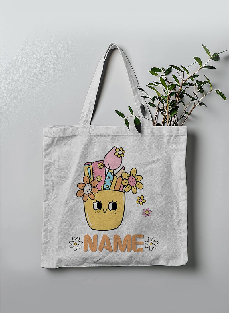 LOWHA Customizable Polyester Tote Bag with Shoulder Straps Personalized with School Student's Name and School Supplies with Flowers Design White  - Image 3
