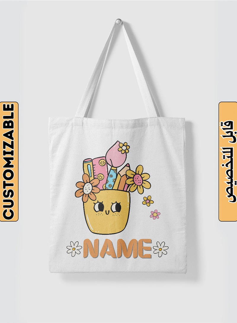 LOWHA Customizable Polyester Tote Bag with Shoulder Straps Personalized with School Student's Name and School Supplies with Flowers Design White  - Image 1