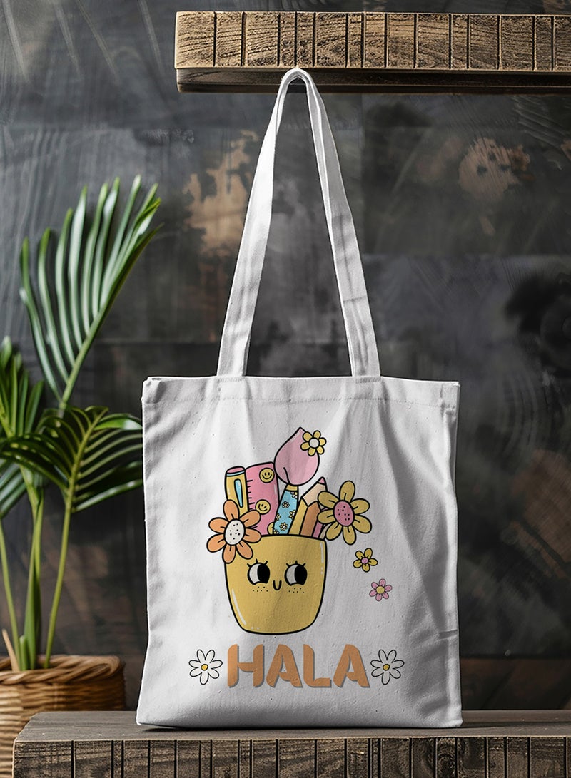 LOWHA Customizable Polyester Tote Bag with Shoulder Straps Personalized with School Student's Name and School Supplies with Flowers Design White  - Image 4