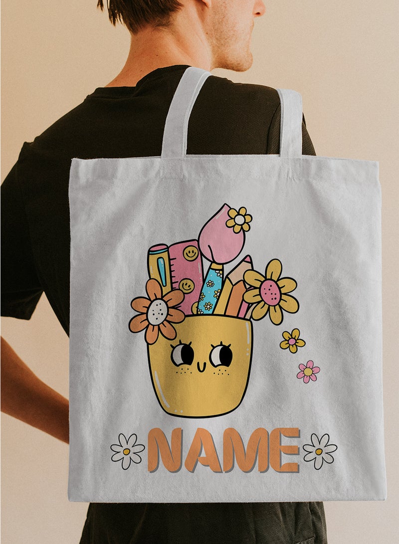 LOWHA Customizable Polyester Tote Bag with Shoulder Straps Personalized with School Student's Name and School Supplies with Flowers Design White  - Image 5