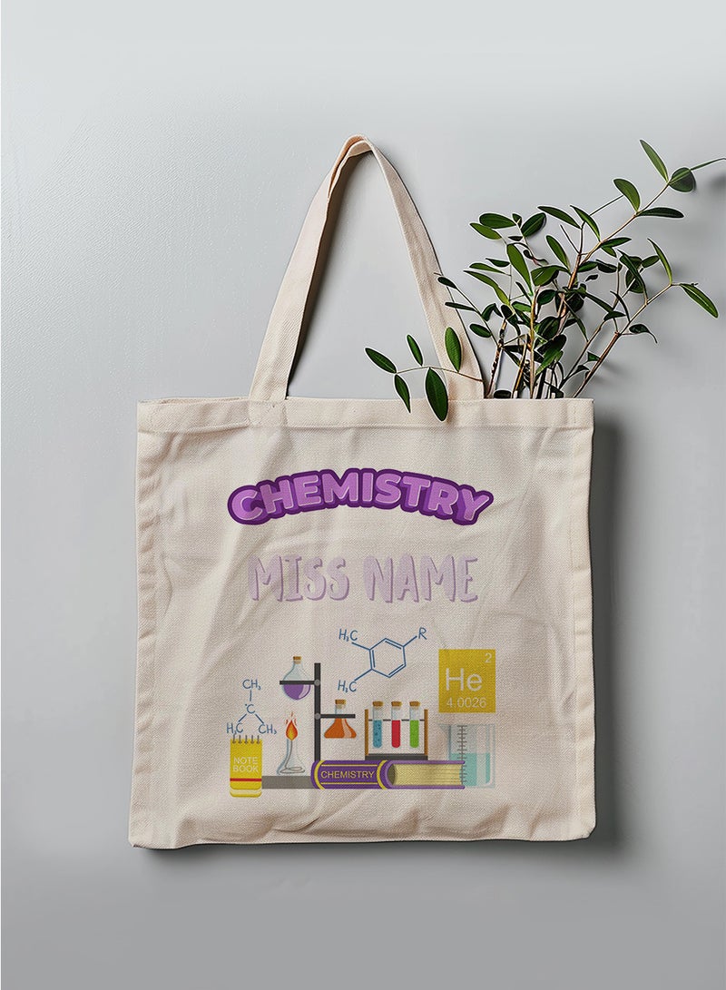 LOWHA Customizable Polyester Tote Bag with Shoulder Straps Personalized with Chemistry Teacher's Name and Chemical Lab Design Beige  - Image 3