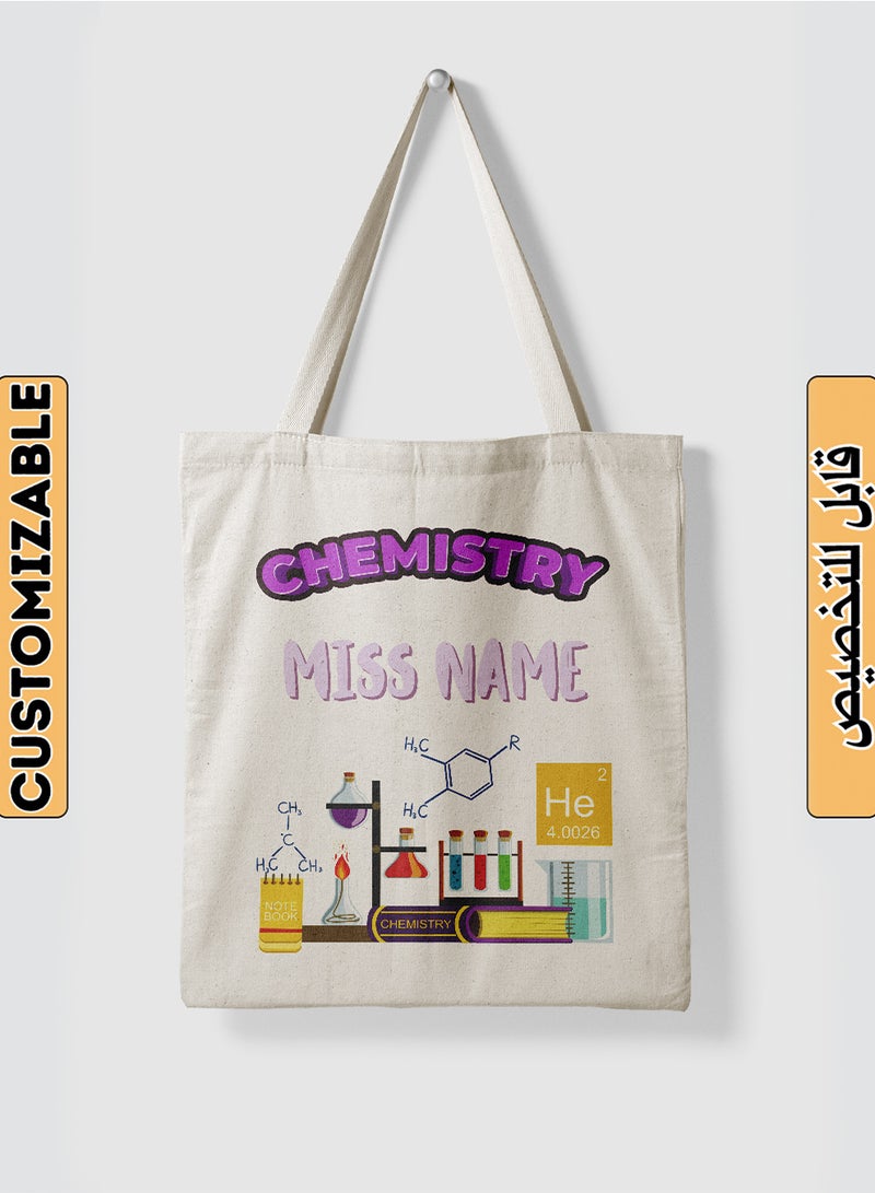 LOWHA Customizable Polyester Tote Bag with Shoulder Straps Personalized with Chemistry Teacher's Name and Chemical Lab Design Beige  - Image 1