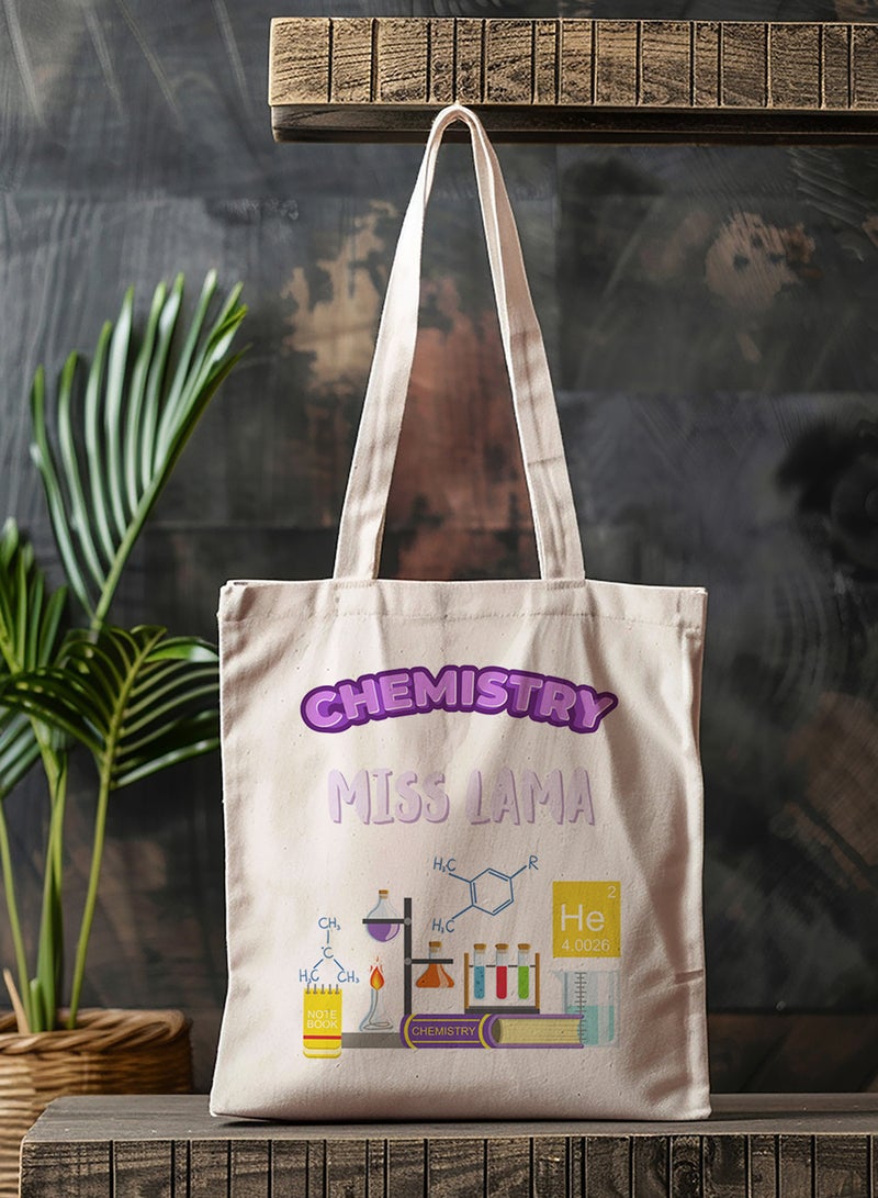 LOWHA Customizable Polyester Tote Bag with Shoulder Straps Personalized with Chemistry Teacher's Name and Chemical Lab Design Beige  - Image 4