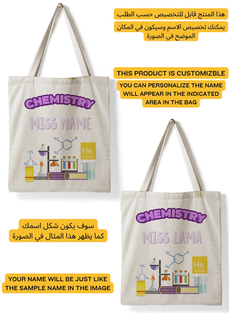 LOWHA Customizable Polyester Tote Bag with Shoulder Straps Personalized with Chemistry Teacher's Name and Chemical Lab Design Beige  - Image 2