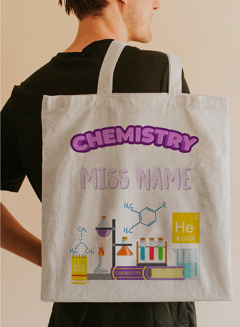 LOWHA Customizable Polyester Tote Bag with Shoulder Straps Personalized with Chemistry Teacher's Name and Chemical Lab Design Beige  - Image 5