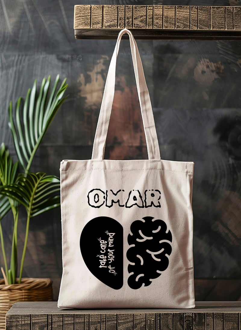 LOWHA Customizable Polyester Tote Bag with Shoulder Straps Personalized with Your Name and Take Care of Your Mind Quote Beige  - Image 4