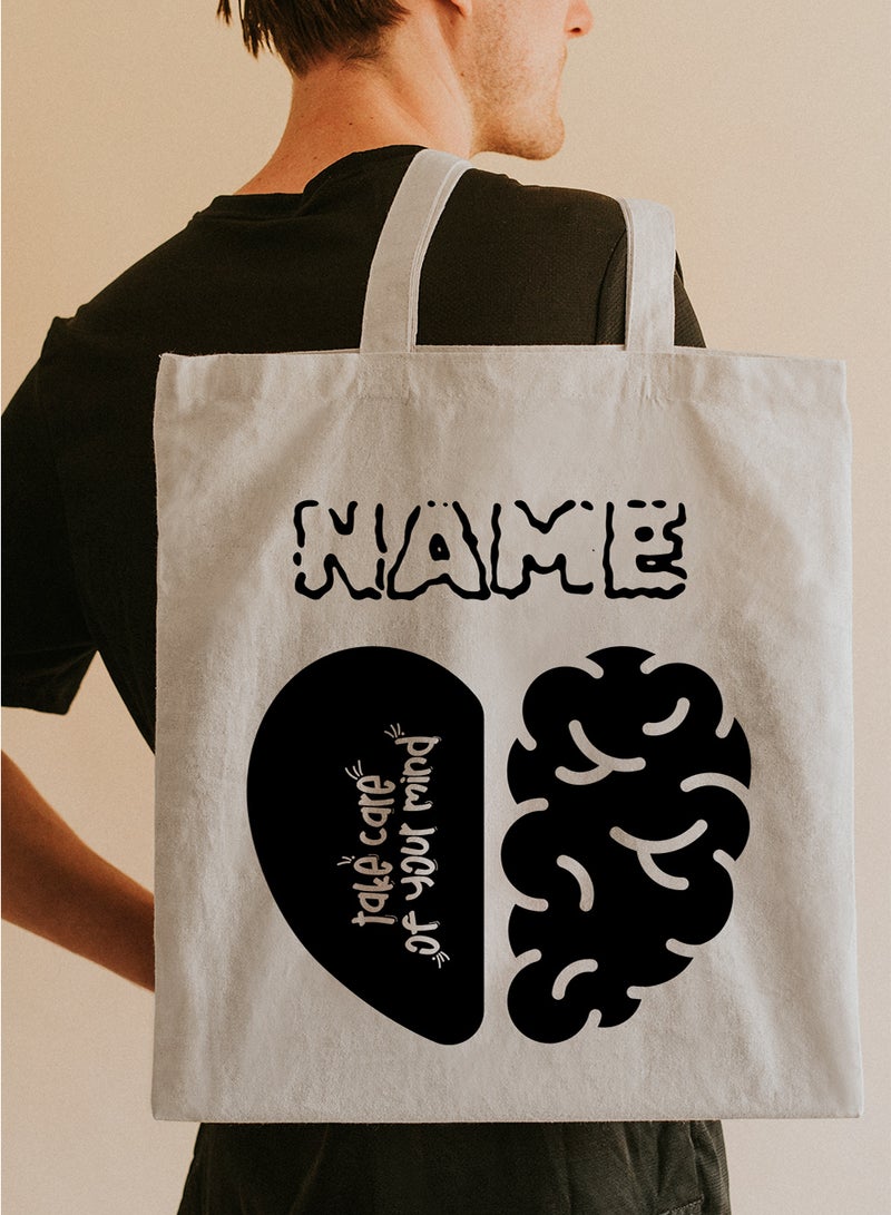 LOWHA Customizable Polyester Tote Bag with Shoulder Straps Personalized with Your Name and Take Care of Your Mind Quote Beige  - Image 5