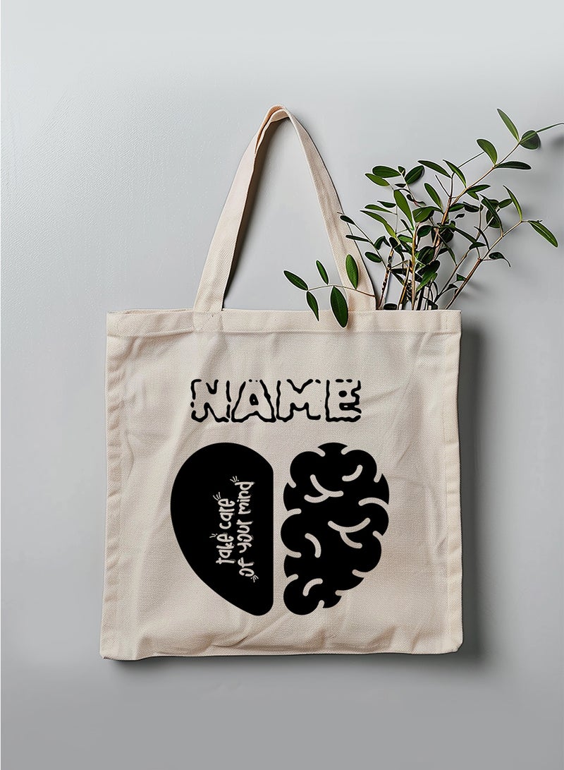 LOWHA Customizable Polyester Tote Bag with Shoulder Straps Personalized with Your Name and Take Care of Your Mind Quote Beige  - Image 3