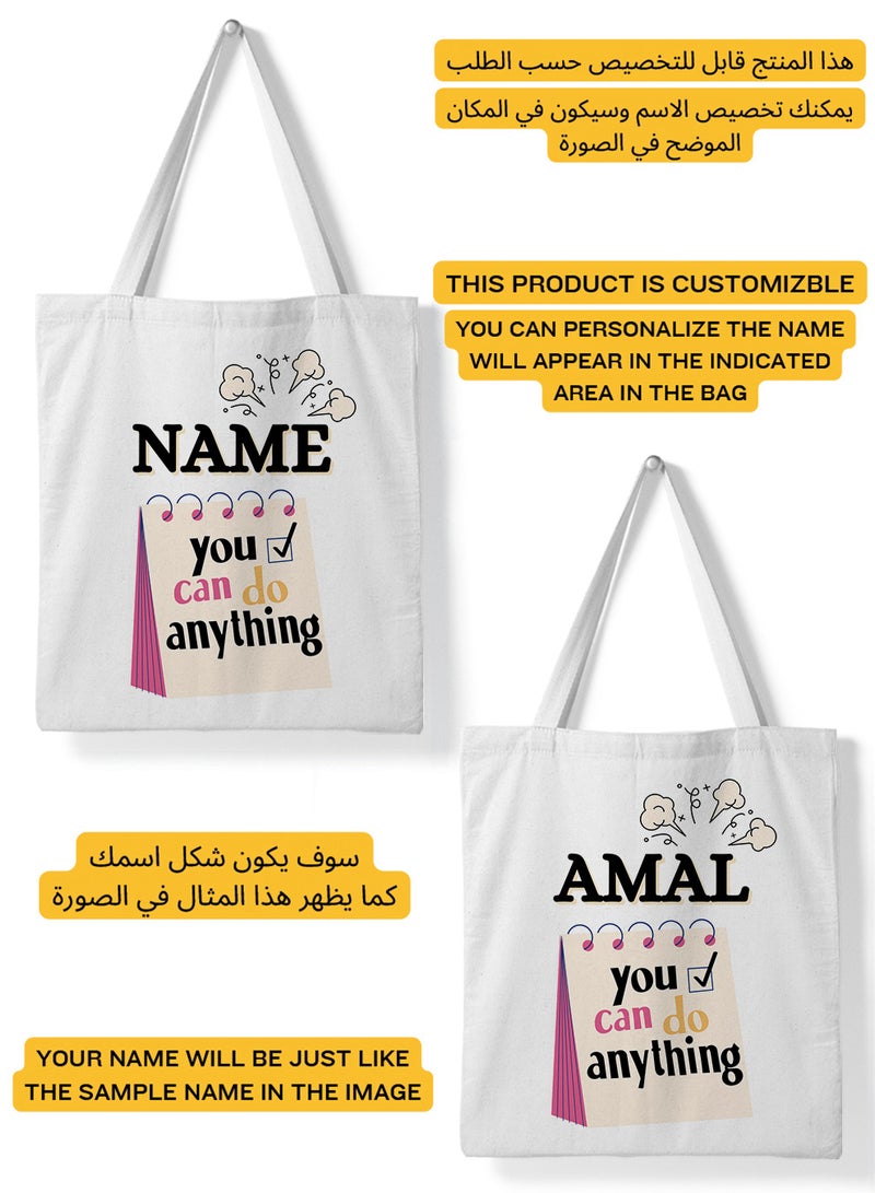 LOWHA Customizable Polyester Tote Bag with Shoulder Straps Personalized with Your Name and You Can Do Anything Quote White  - Image 2