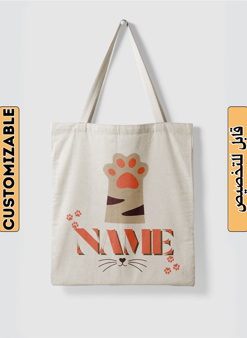 LOWHA Customizable Polyester Tote Bag with Shoulder Straps Personalized with Your Name and Cat Design Beige  - Image 1