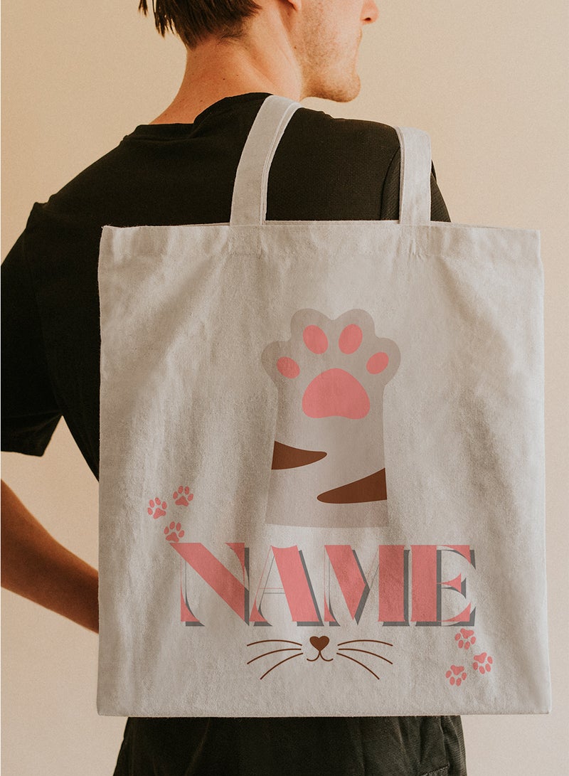 LOWHA Customizable Polyester Tote Bag with Shoulder Straps Personalized with Your Name and Cat Design Beige  - Image 5