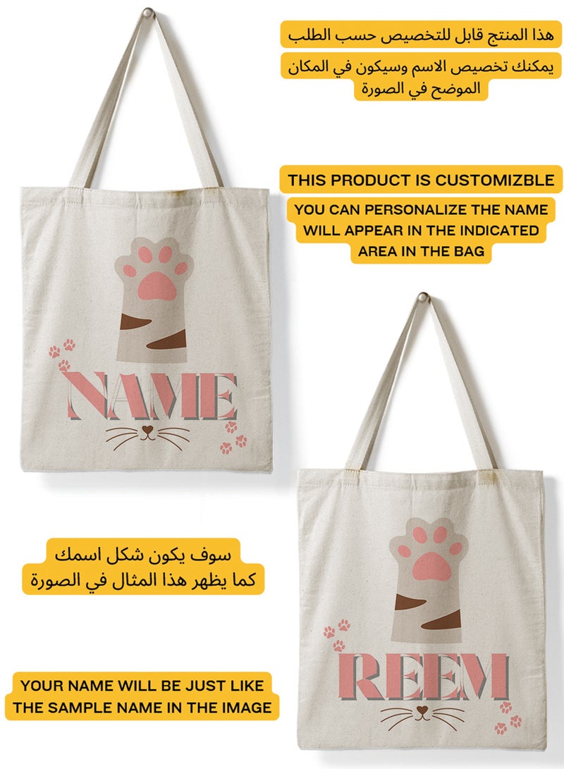 LOWHA Customizable Polyester Tote Bag with Shoulder Straps Personalized with Your Name and Cat Design Beige  - Image 2