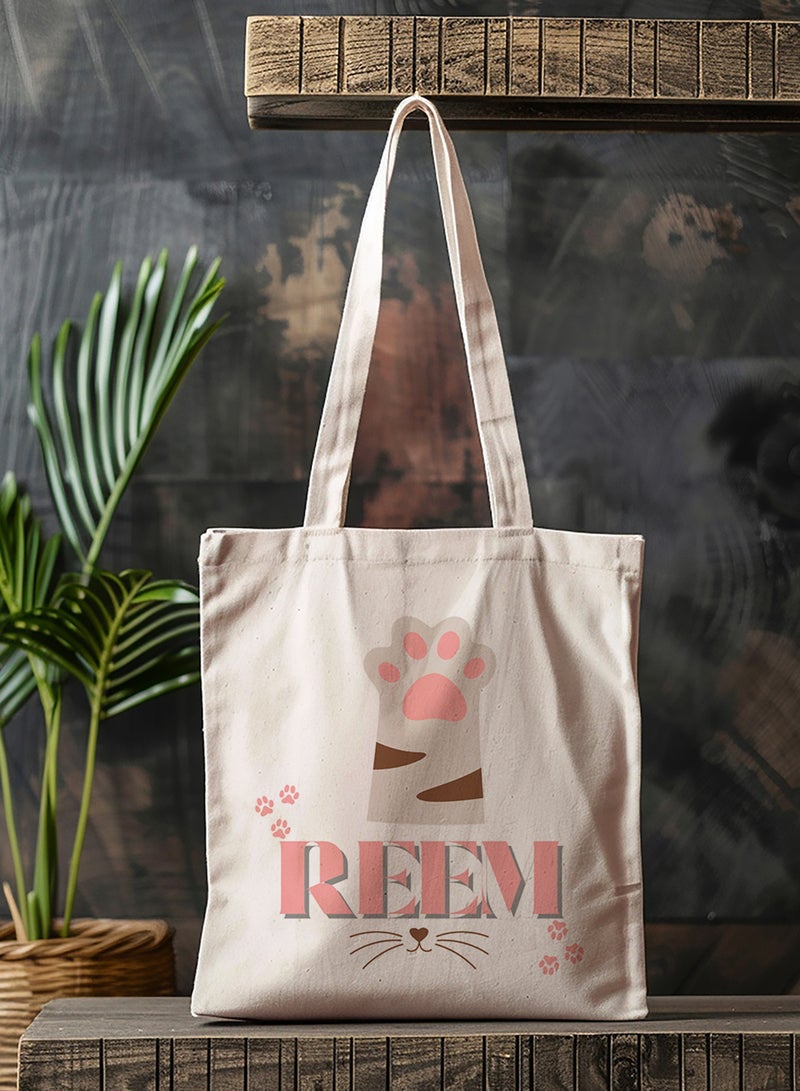 LOWHA Customizable Polyester Tote Bag with Shoulder Straps Personalized with Your Name and Cat Design Beige  - Image 4