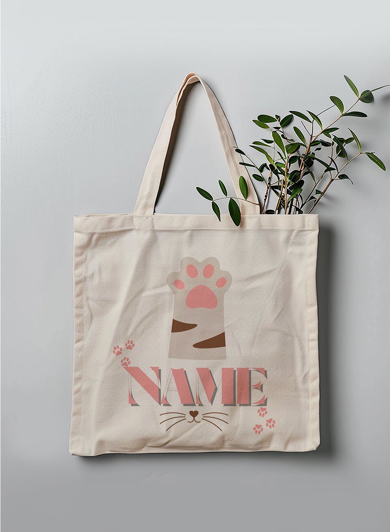 LOWHA Customizable Polyester Tote Bag with Shoulder Straps Personalized with Your Name and Cat Design Beige  - Image 3