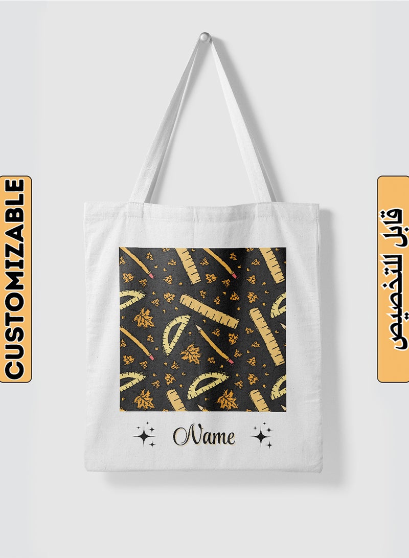LOWHA Customizable Polyester Tote Bag with Shoulder Straps Personalized with School Student's Name and School Supplies Pattern White  - Image 1