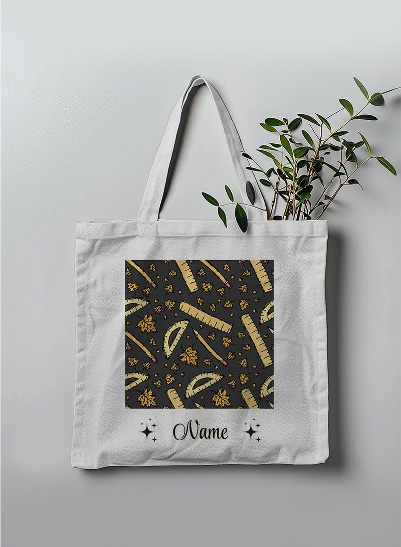 LOWHA Customizable Polyester Tote Bag with Shoulder Straps Personalized with School Student's Name and School Supplies Pattern White  - Image 3
