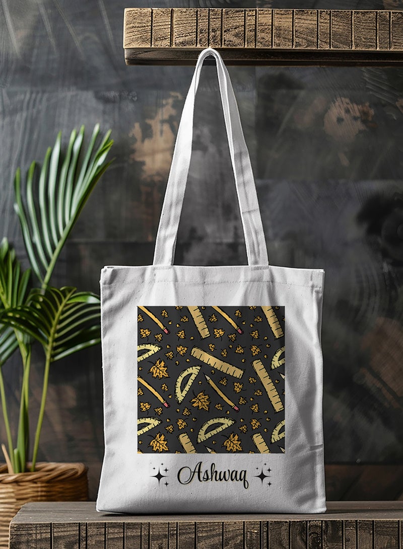 LOWHA Customizable Polyester Tote Bag with Shoulder Straps Personalized with School Student's Name and School Supplies Pattern White  - Image 4