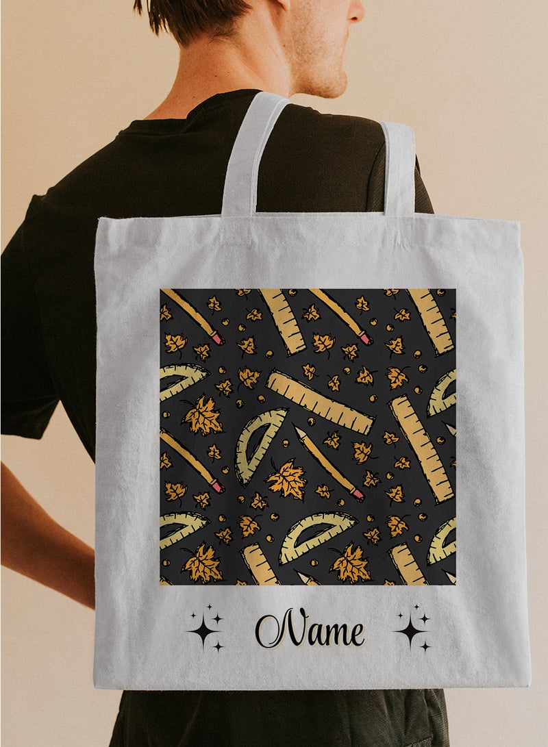LOWHA Customizable Polyester Tote Bag with Shoulder Straps Personalized with School Student's Name and School Supplies Pattern White  - Image 5