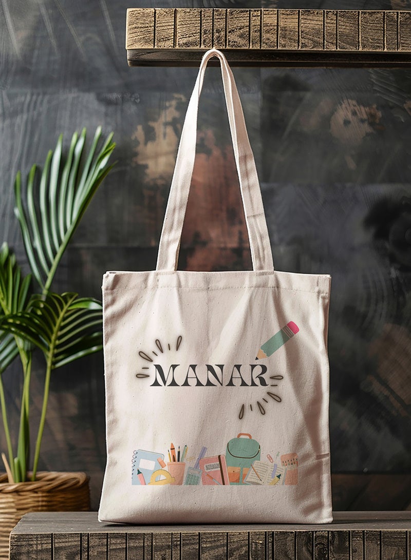 LOWHA Customizable Polyester Tote Bag with Shoulder Straps Personalized with Student's Name and School Supplies Design Beige  - Image 4