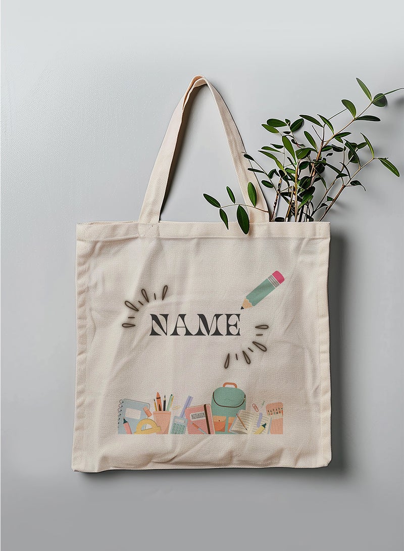 LOWHA Customizable Polyester Tote Bag with Shoulder Straps Personalized with Student's Name and School Supplies Design Beige  - Image 3