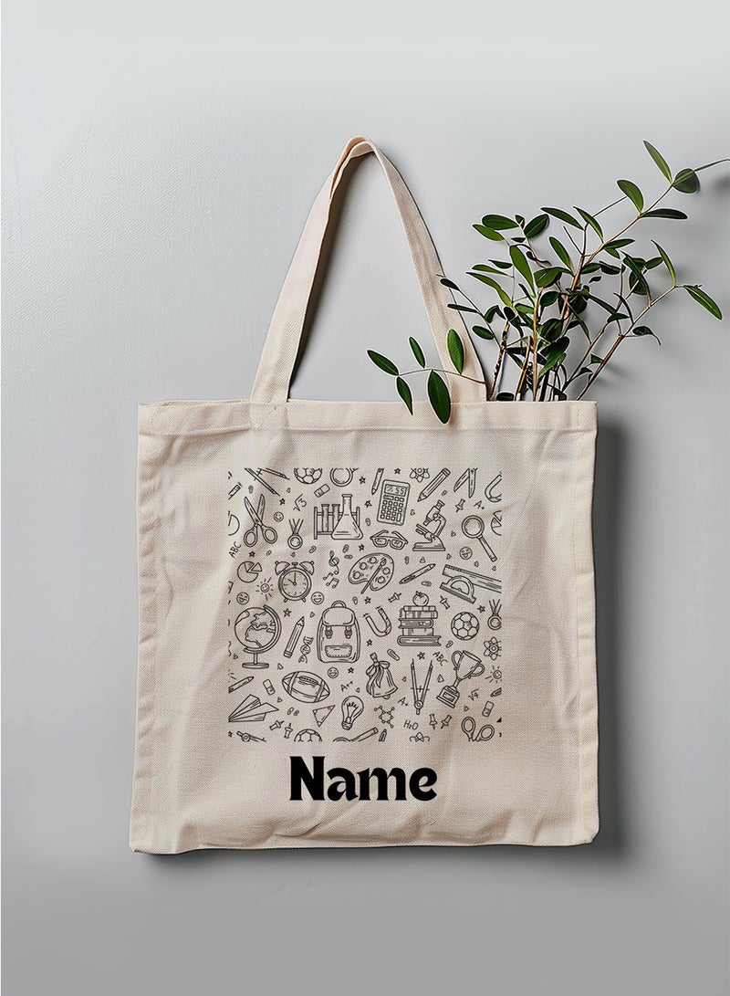 LOWHA Customizable Polyester Tote Bag with Shoulder Straps Personalized with School Student's Name and Study Icons Pattern Beige  - Image 3