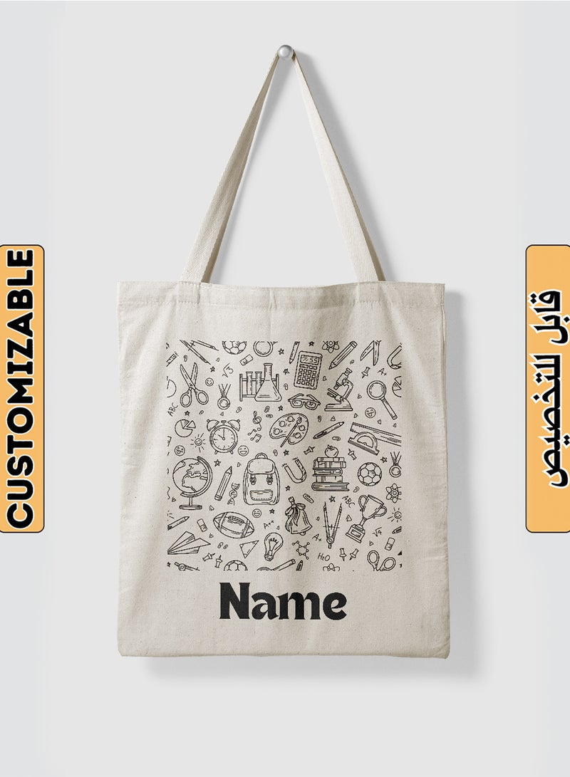 LOWHA Customizable Polyester Tote Bag with Shoulder Straps Personalized with School Student's Name and Study Icons Pattern Beige  - Image 1