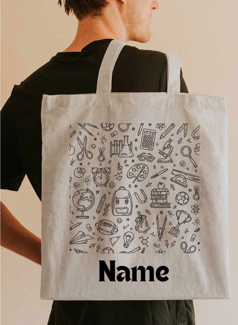 LOWHA Customizable Polyester Tote Bag with Shoulder Straps Personalized with School Student's Name and Study Icons Pattern Beige  - Image 5