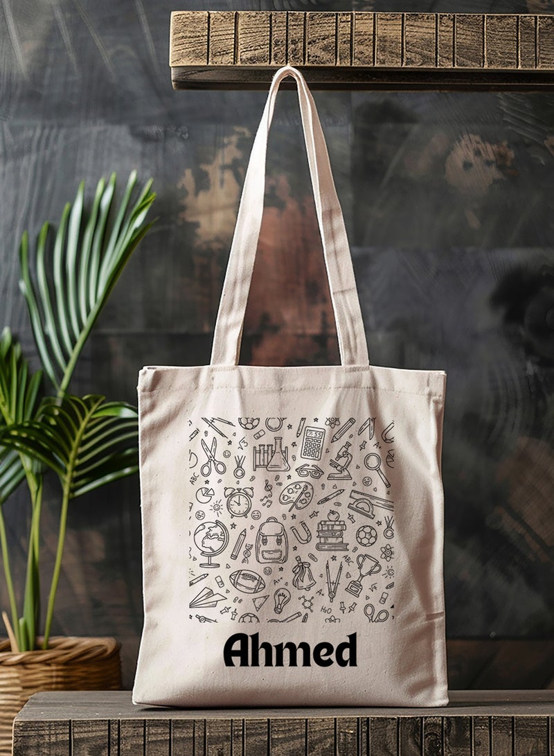 LOWHA Customizable Polyester Tote Bag with Shoulder Straps Personalized with School Student's Name and Study Icons Pattern Beige  - Image 4