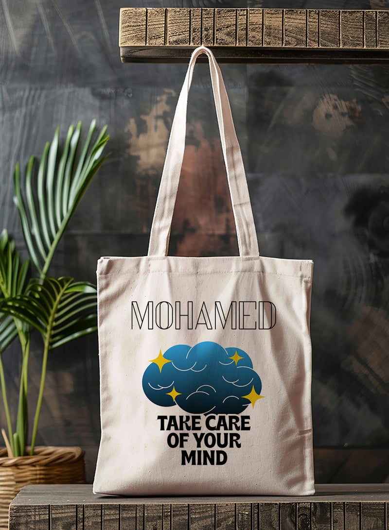 LOWHA Customizable Polyester Tote Bag with Shoulder Straps Personalized with Your Name and Take Care of Your Mind Quote Beige - Image 4