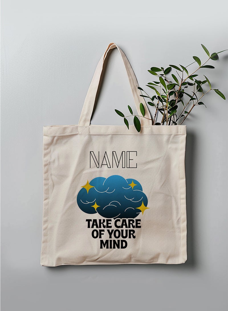 LOWHA Customizable Polyester Tote Bag with Shoulder Straps Personalized with Your Name and Take Care of Your Mind Quote Beige - Image 3