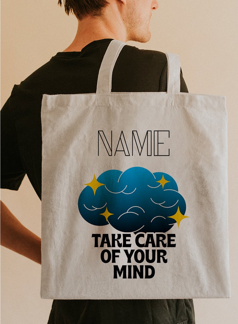 LOWHA Customizable Polyester Tote Bag with Shoulder Straps Personalized with Your Name and Take Care of Your Mind Quote Beige - Image 5