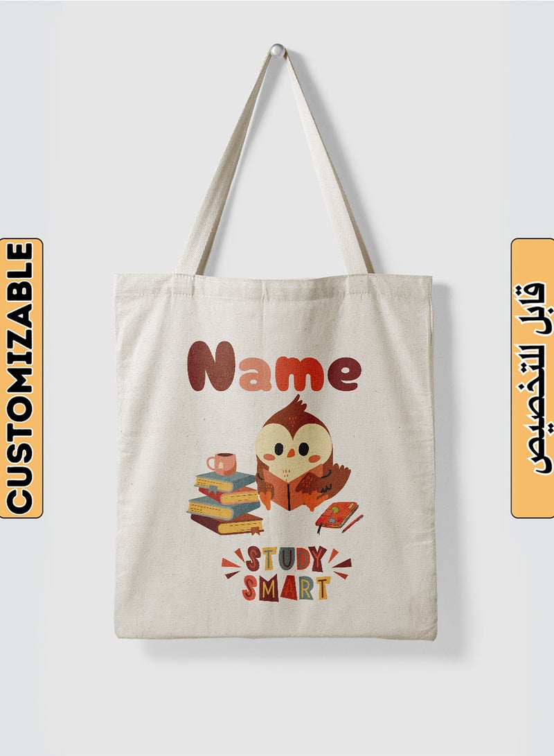 LOWHA Customizable Polyester Tote Bag with Shoulder Straps Personalized with Student's Name and Books with Study Smart Quote Beige - Image 1