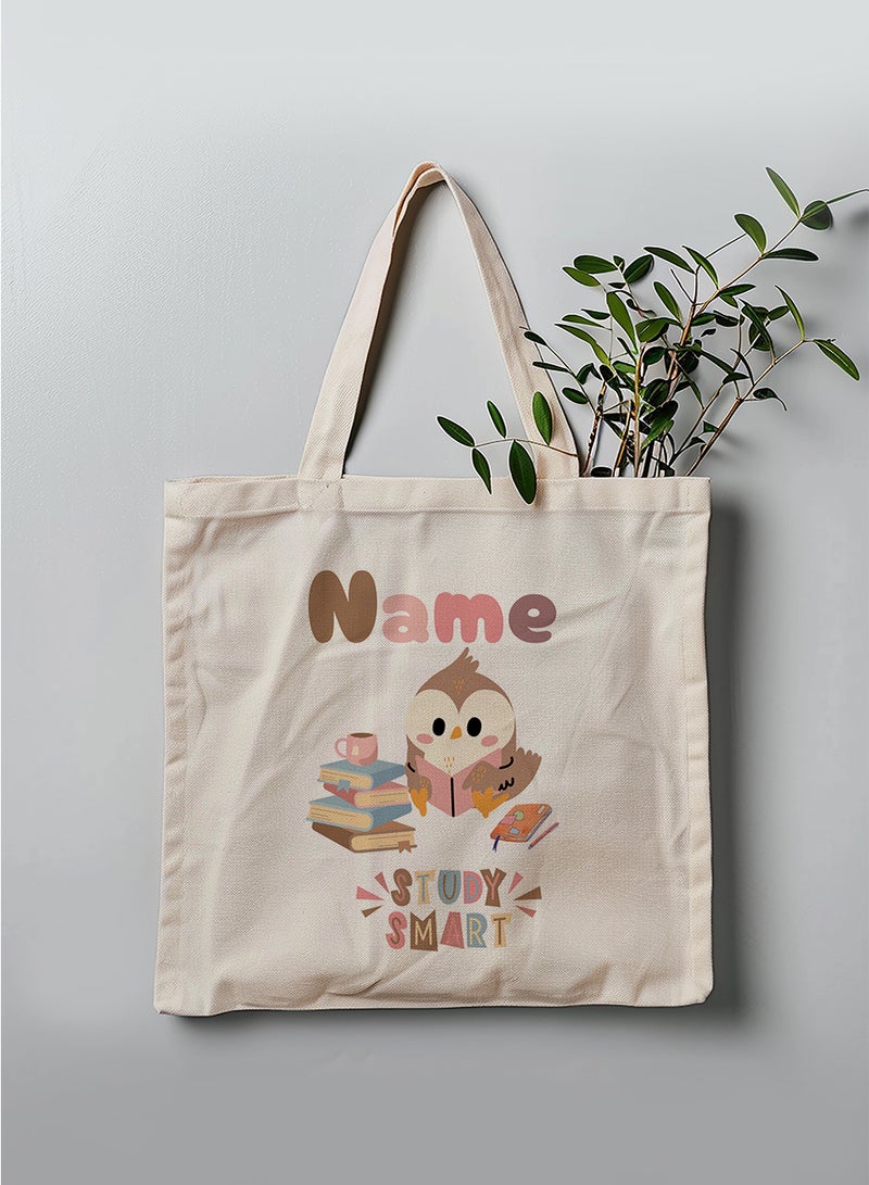 LOWHA Customizable Polyester Tote Bag with Shoulder Straps Personalized with Student's Name and Books with Study Smart Quote Beige - Image 3