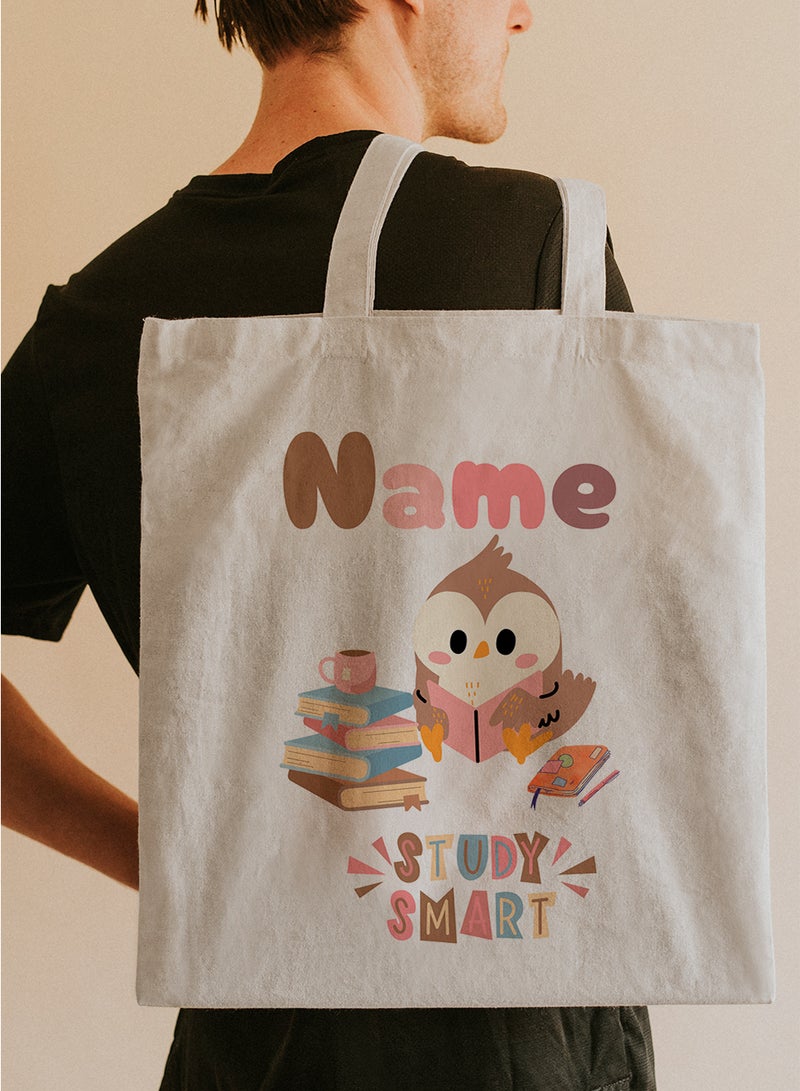 LOWHA Customizable Polyester Tote Bag with Shoulder Straps Personalized with Student's Name and Books with Study Smart Quote Beige - Image 5