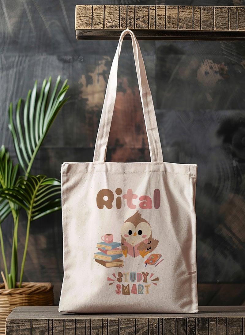 LOWHA Customizable Polyester Tote Bag with Shoulder Straps Personalized with Student's Name and Books with Study Smart Quote Beige - Image 4