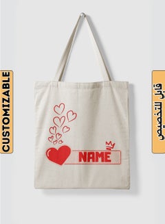 LOWHA Customizable Polyester Tote Bag with Shoulder Straps Personalized with Your Name and Hearts Design Beige  - Image 1