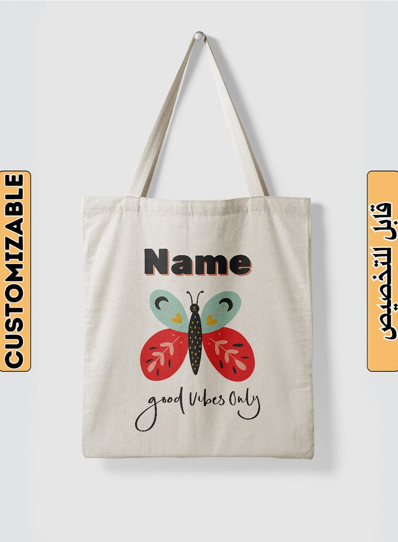 LOWHA - Customizable Polyester Tote Bag with Shoulder Straps Personalized with Your Name and Good Vibes Design Beige - Image 1
