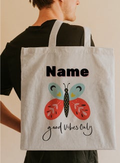 LOWHA Customizable Polyester Tote Bag with Shoulder Straps Personalized with Your Name and Good Vibes Design Beige  - Image 5
