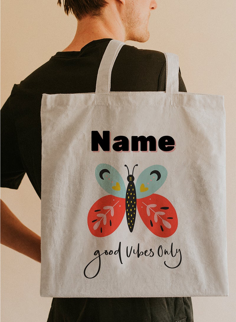 LOWHA - Customizable Polyester Tote Bag with Shoulder Straps Personalized with Your Name and Good Vibes Design Beige - Image 1
