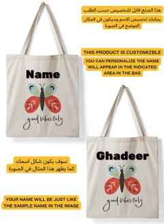 LOWHA Customizable Polyester Tote Bag with Shoulder Straps Personalized with Your Name and Good Vibes Design Beige  - Image 2