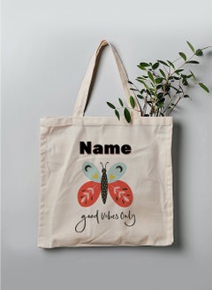 LOWHA Customizable Polyester Tote Bag with Shoulder Straps Personalized with Your Name and Good Vibes Design Beige  - Image 3