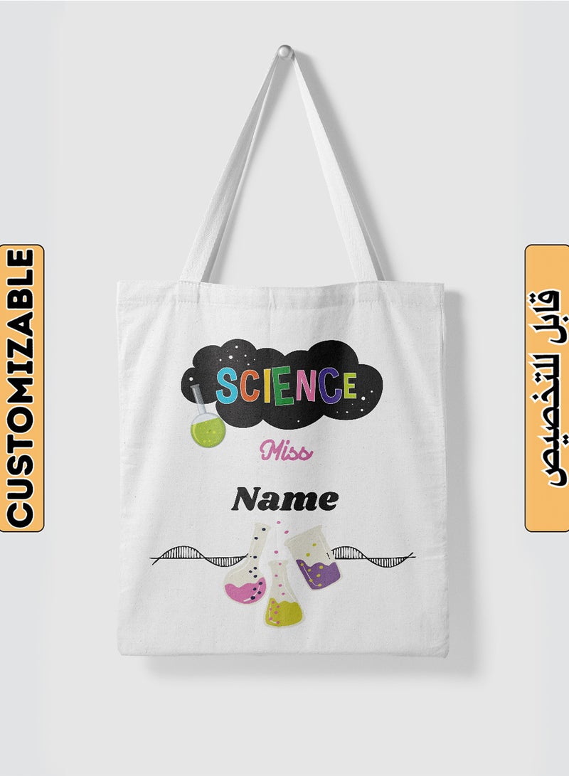 LOWHA Customizable Polyester Tote Bag with Shoulder Straps Personalized with Science Teacher's Name and Lab Tools Design White  - Image 1