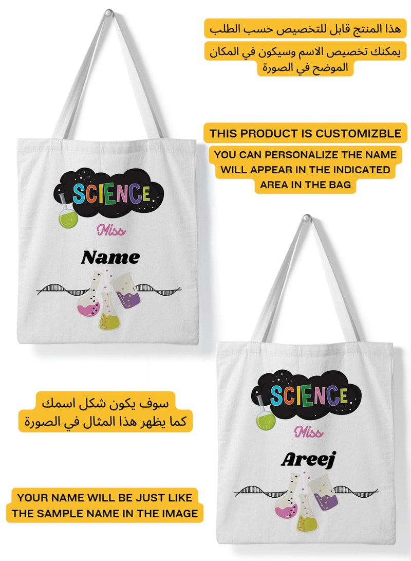 LOWHA Customizable Polyester Tote Bag with Shoulder Straps Personalized with Science Teacher's Name and Lab Tools Design White  - Image 2