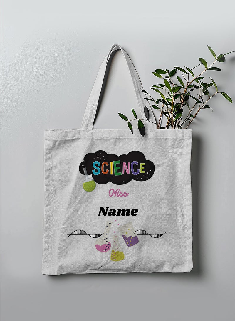 LOWHA Customizable Polyester Tote Bag with Shoulder Straps Personalized with Science Teacher's Name and Lab Tools Design White  - Image 3