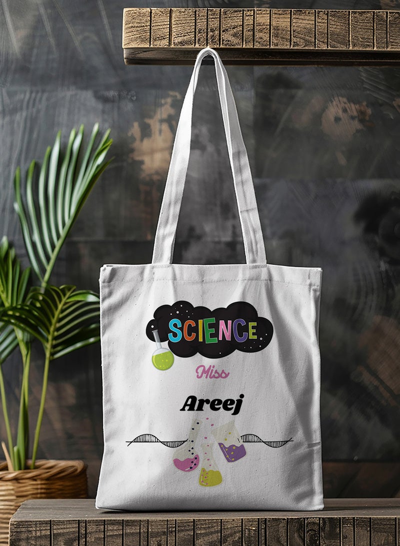 LOWHA Customizable Polyester Tote Bag with Shoulder Straps Personalized with Science Teacher's Name and Lab Tools Design White  - Image 4