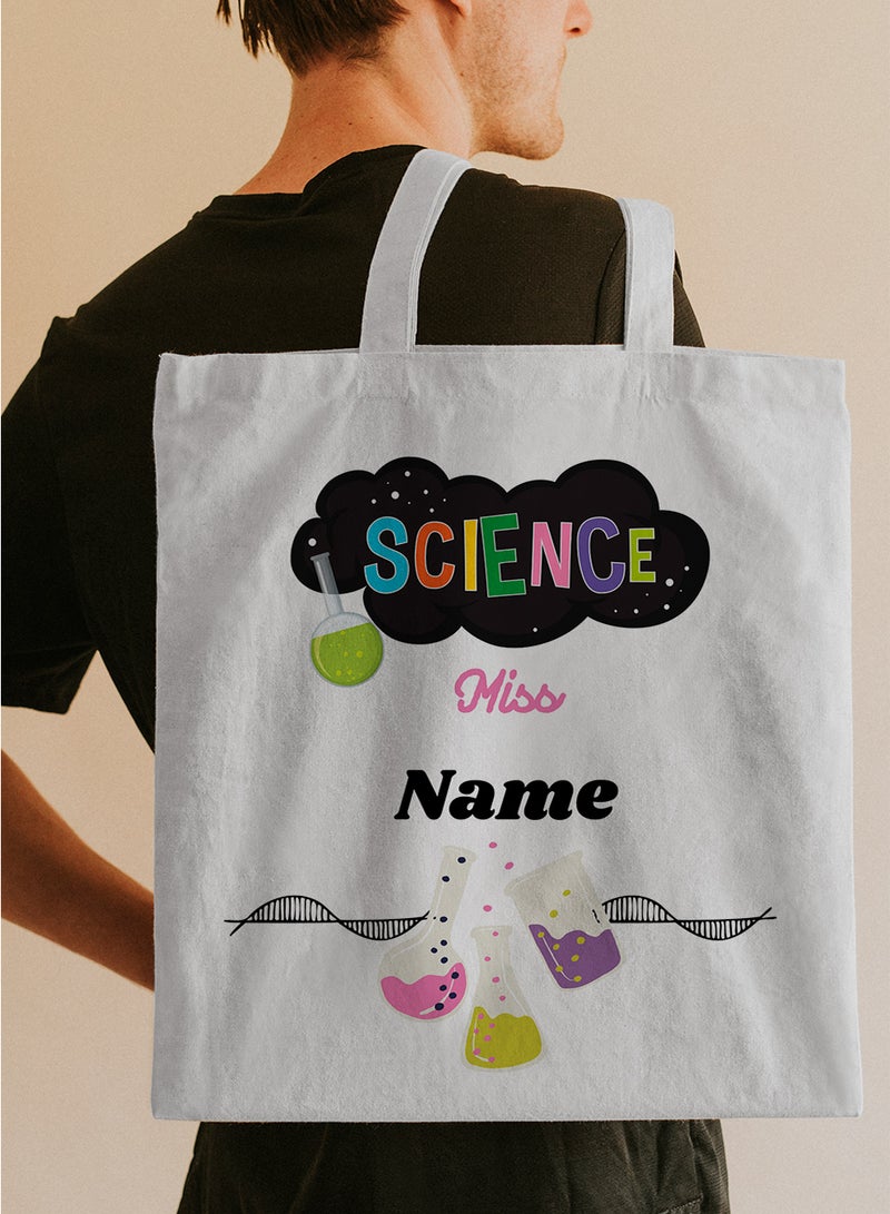LOWHA Customizable Polyester Tote Bag with Shoulder Straps Personalized with Science Teacher's Name and Lab Tools Design White  - Image 5