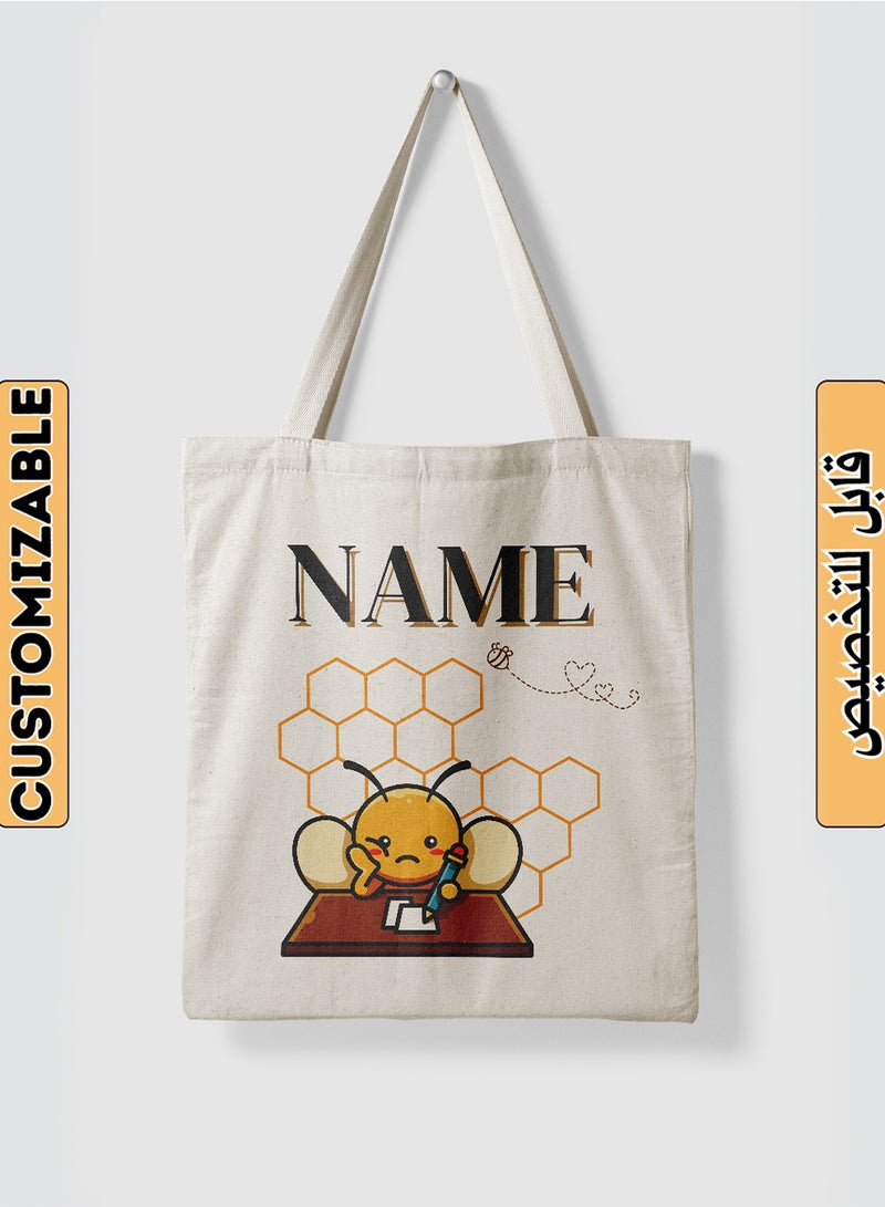 LOWHA Customizable Polyester Tote Bag with Shoulder Straps Personalized with School Student's Name and Student Sitting at School Desk Design Beige  - Image 1